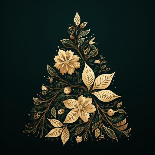simple folk style bas-relief illustration of a floral gold leaf christmas tree silhouette on the dark green velvet background, christmas light --v 5.2