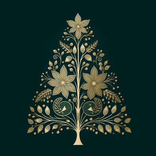 simple folk style bas-relief illustration of a floral gold leaf christmas tree silhouette on the dark green background --v 5.2