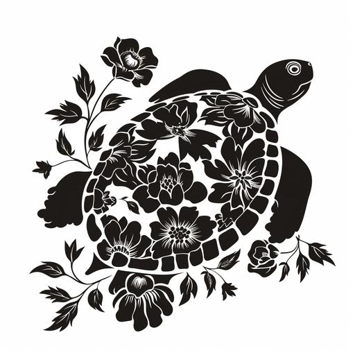simple folk style illustration of a floral amphibian turtle silhouette on the white background --v 6.0