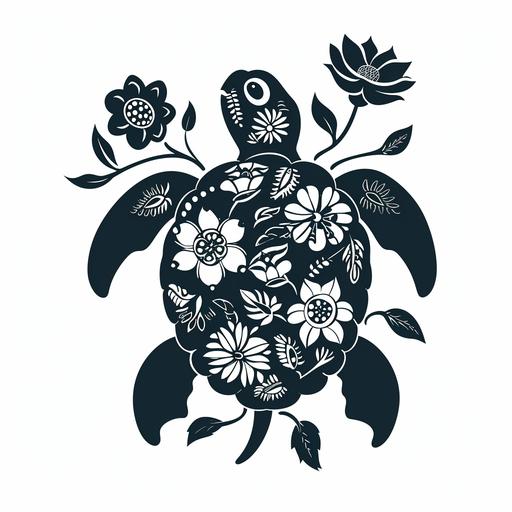 simple folk style illustration of a floral amphibian turtle silhouette on the white background --v 6.0