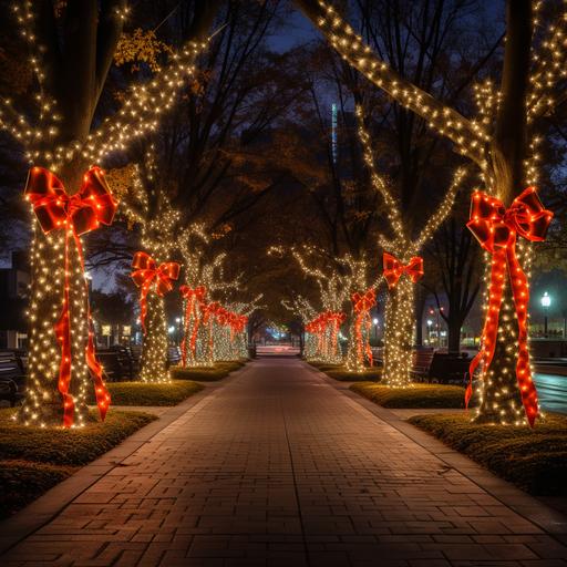 simple green trees, lit with Christmas twinkle and red and orange bow and Christmas poles lit with red and orange twinkle in modern square, ar-- 16:9