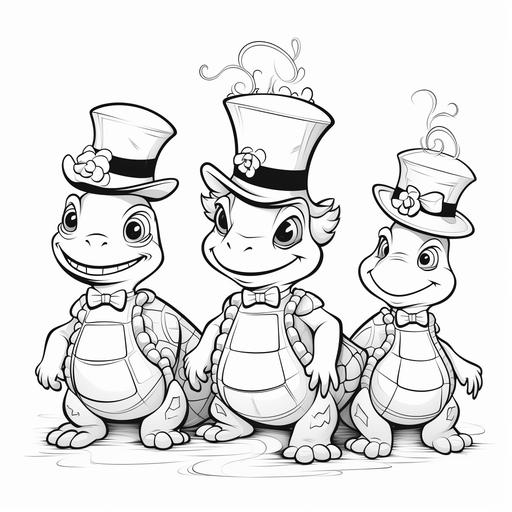 simple lines, coloring page, no shading, cartoon turtles with top hats on