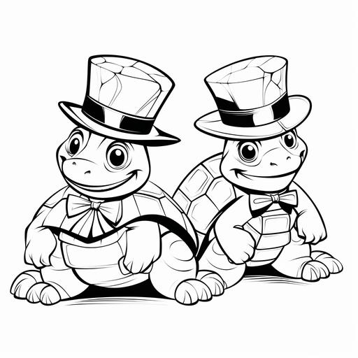 simple lines, coloring page, no shading, cartoon turtles with top hats on