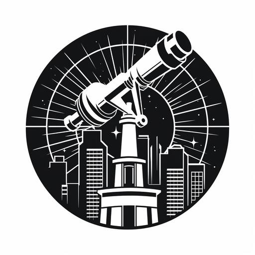 simple logo of an old white telescope over a modern skyscraper with big windows, inside of a compass, vector style, black and white monochromatic