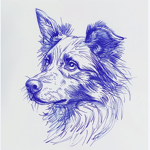 simple, minimalist single line sketch of a border collie using a blue fountain pen.