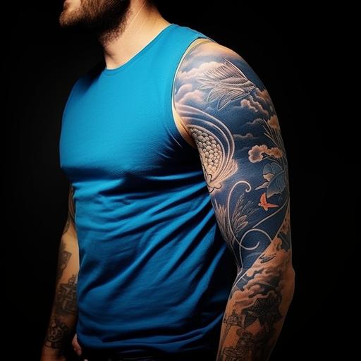 simple ocean inspired male tattoo design, right arm sleeve, masculine, sea turtle, blue whale