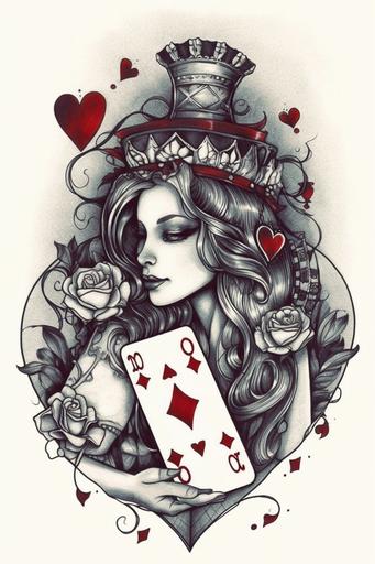 simple queen of hearts tattoo, tattoo sketch, white background --ar 2:3 --v 5 --s 750