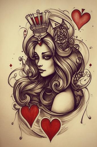 simple queen of hearts tattoo, tattoo sketch, white background --ar 2:3 --v 5 --s 750