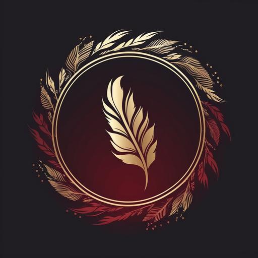 simple stylistic logo white feather wreath with golden outline for web studio, red background, minimalism, logo v 4