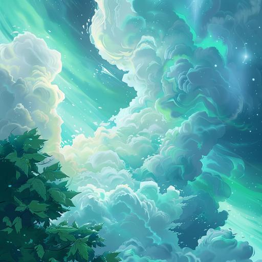 simple thick clouds blowing in the wind with some leaves, color scheme is blue-greenish aqua, background is aurora borealis