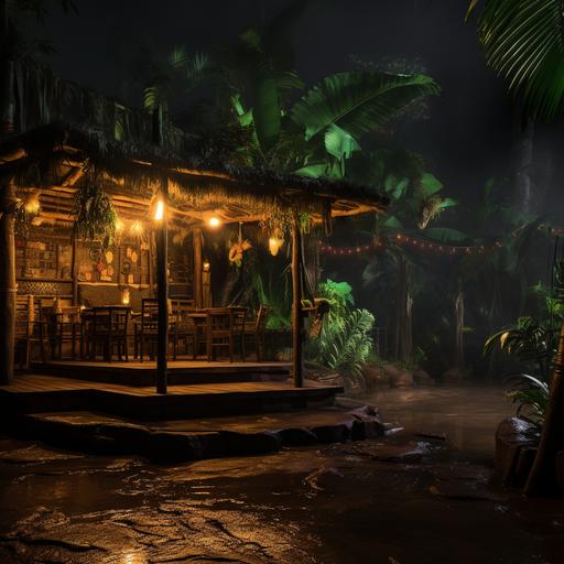 simple tiki bar on the right side of the frame in caribbean jungle very green night steam dimmed lights palms arekas huge palms 4k hyperrealistic no water!