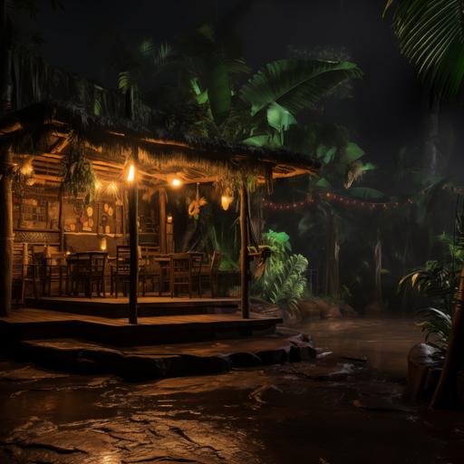 simple tiki bar on the right side of the frame in caribbean jungle very green night steam dimmed lights palms arekas huge palms 4k hyperrealistic no water!