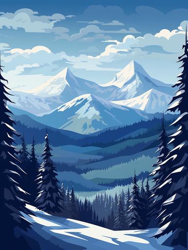 simple vector art, mountain range , montana , winter, snow, polish flork art, bozeman --ar 9:12