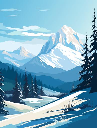 simple vector art, mountain range , montana , winter, snow, polish flork art, --ar 9:12