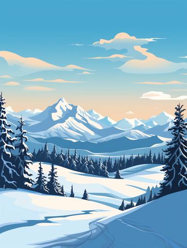 simple vector art, mountain range , montana , winter, snow, polish flork art, bozeman --ar 9:12