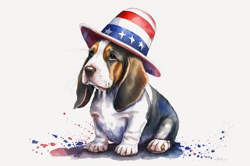 simple watercolor of basset hound puppy wearing a fourth of july hat, white background, --ar 3:2