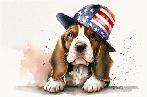 simple watercolor of basset hound puppy wearing a fourth of july hat, white background, --ar 3:2