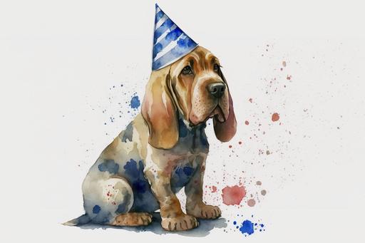 simple watercolor of bloodhound pupper wearing fourth of july cone hat, full body, white background --ar 3:2