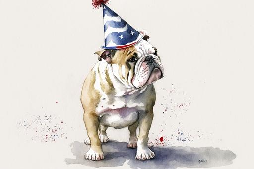 simple watercolor of bulldog wearing fourth of july cone hat, full body, white background, --ar 3:2