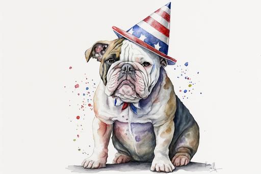 simple watercolor of bulldog wearing fourth of july cone hat, full body, white background, --ar 3:2