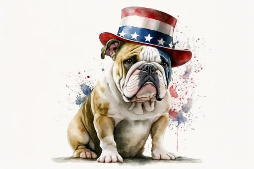 simple watercolor of bulldog wearing fourth of july hat, full body, white background, --ar 3:2