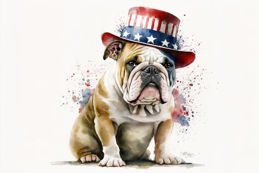 simple watercolor of bulldog wearing fourth of july hat, full body, white background, --ar 3:2