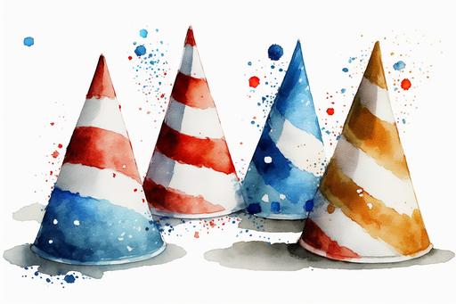 simple watercolor of fourth of july cone hats on white background, --ar 3:2