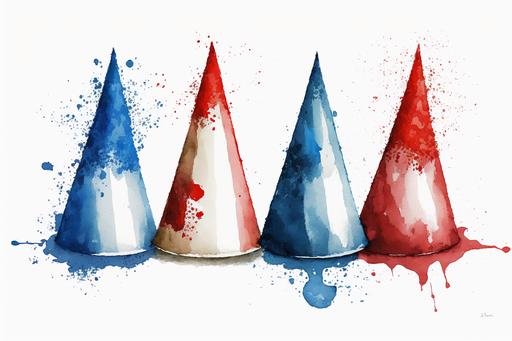 simple watercolor of fourth of july cone hats on white background, --ar 3:2