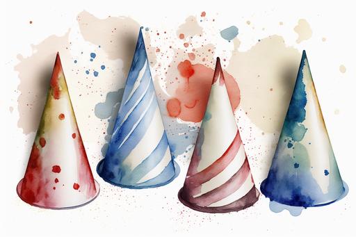 simple watercolor of fourth of july cone hats on white background, --ar 3:2