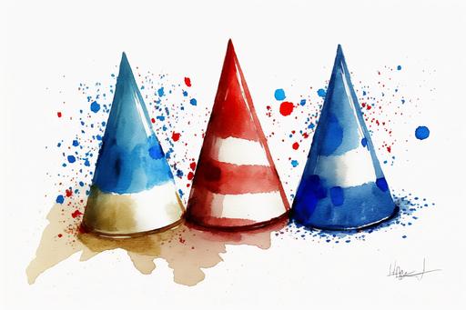 simple watercolor of fourth of july cone hats on white background, --ar 3:2