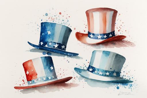 simple watercolor of fourth of july hats, white background, --ar 3:2