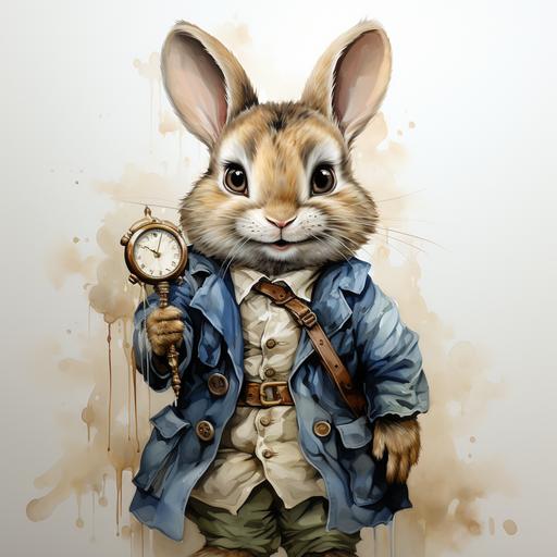 simple watercolor of the white rabbit clip art, from alice in wonderland, wearing light blue sport coat and holding a pocket watch that has a long gold chain, on a solid white background, --v 5.2 --s 750