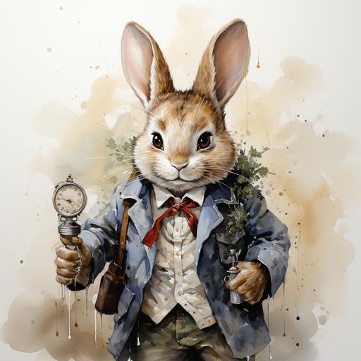 simple watercolor of the white rabbit clip art, from alice in wonderland, wearing light blue sport coat and holding a pocket watch that has a long gold chain, on a solid white background, --v 5.2 --s 750