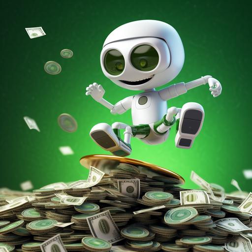 simple white metallic happy robot, riding a surfe, on a money, coins green, 4k, hd