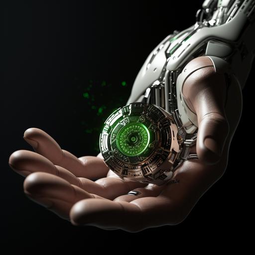 simple white metallic robot, hand open palm, showing coin, green detail