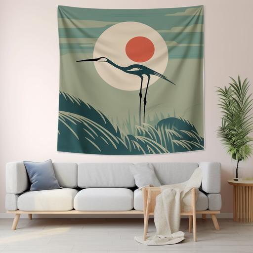 simplified tapestry, japanese beautiful collage of bamboo, heron