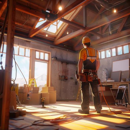 simulation of a house under construction with an electrician avatar worker, for a video game, in topographical view