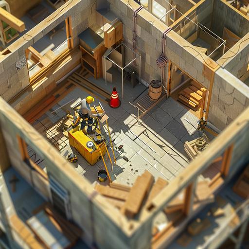 simulation of a house under construction with an electrician avatar worker, for a video game, in topographical view --v 6.0