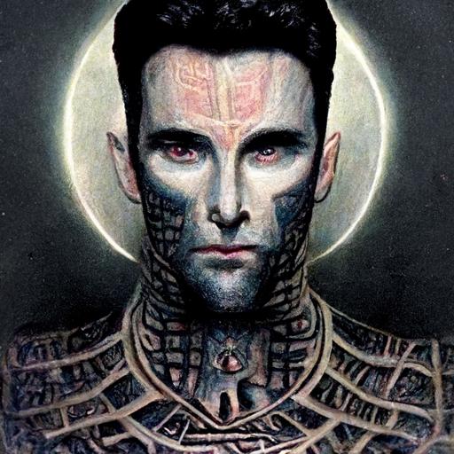 singer Adam Levine as a cenobite from hellraiser in the style of the borg from star trek and the engineers from prometheus demon angel black occult tattoos