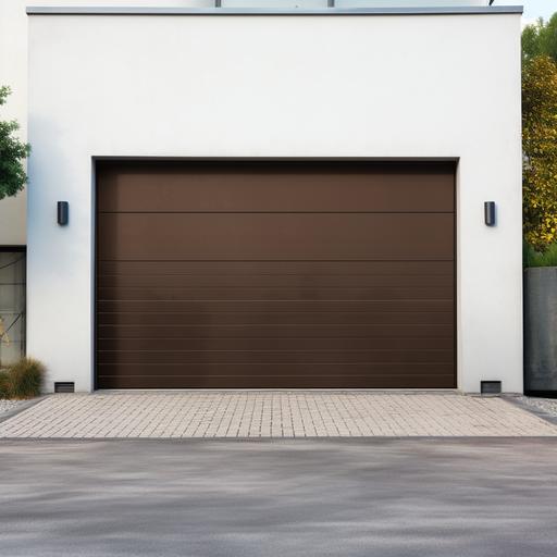 single garage door with industrial brown doors, in the style of rotcore, minimalist imagery, real picture --s 50