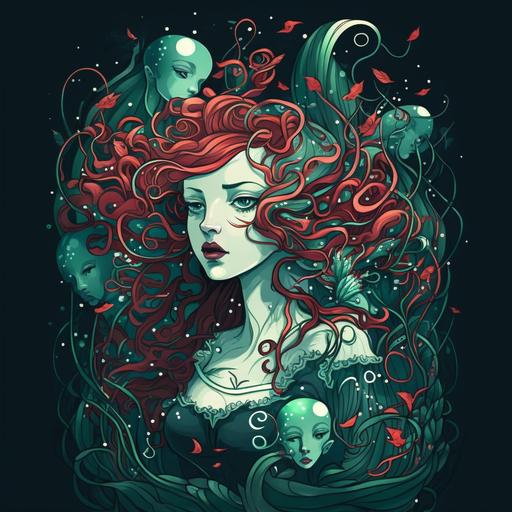 siren of the sea, blue and green shells, red flowing hair, elegant design, octopus and fish swimming, 4k, surreal, hd, deep water, abigail larson style, victorian, water, flowing, escape,character