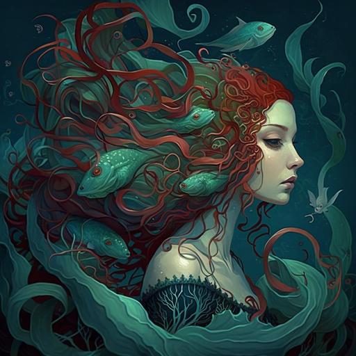 siren of the sea, blue and green shells, red flowing hair, elegant design, octopus and fish swimming, 4k, surreal, hd, deep water, abigail larson style, victorian, water, flowing, escape,character