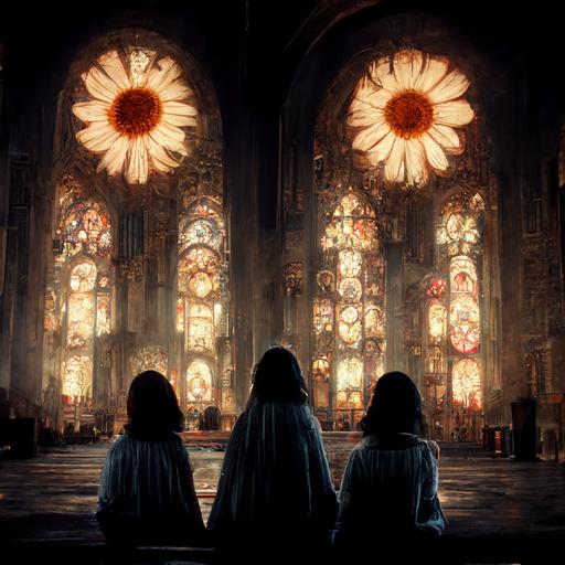 sisters in church standing in front of the big rose window, photo realistic, cinematic lighting
