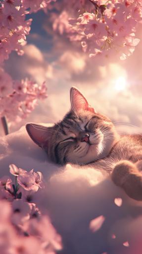 sisyphean a shot of a cat comfortably sleeping on a cloud, the cloud is floating in the air, behind the cloud, as the background, it's the sky covered with cherry blossoms, rays of sunshine radiating thourgh, the ambience is cozy and romantic, hyper realistic, 8k --ar 9:16 --style raw --v 6.0