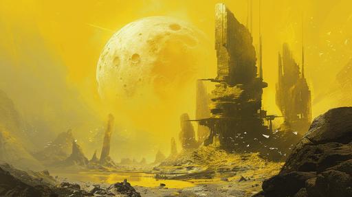 sisyphean neomyth, sci fi brutalist ancent massive rocks, water oasis, by andreas rocha, shattered moon with shards in the sky, by yoji shinkawa, colors yellow and slate, high tech --ar 16:9 --v 6.0