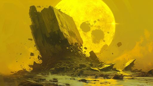 sisyphean neomyth, sci fi brutalist ancent massive rocks, water oasis, by andreas rocha, shattered moon with shards in the sky, by yoji shinkawa, colors yellow and slate, high tech --ar 16:9 --v 6.0
