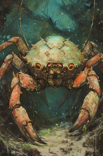 sisyphean personified as a cute crab creature, creative and inventive yet modest and simple painting combining elements of Tsutomu Nihei and Biomechanical Art Style with elements of fluorescence art --ar 2:3 --style raw --v 6.0