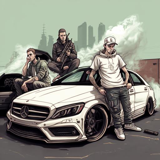 sitting on a white mercedes w205 amg and smoking. housing projects in the background. some guys with guns in the background. cartoon