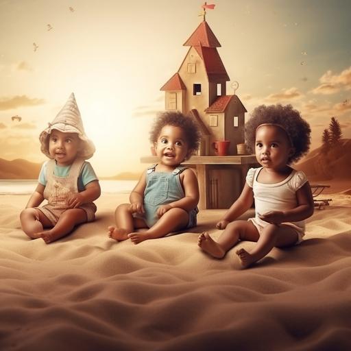 , sitting on the beach crying, characters looking toward the sun with sun hats on, sand castle, sand buckets, , realistic photo illustration