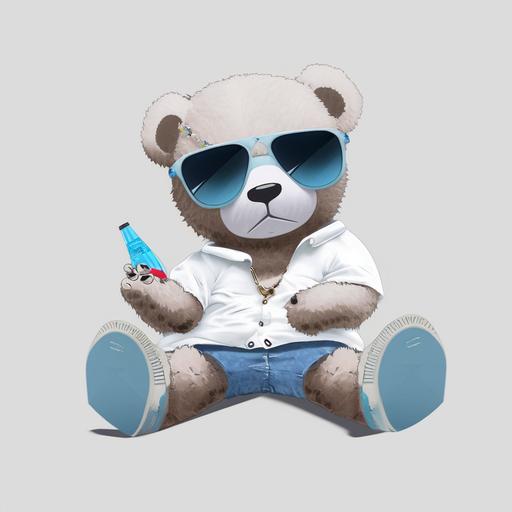 sitting teddy bear with cigarette and sunglasses with white background --niji 4